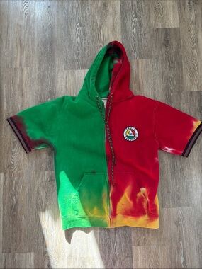 Cross Colours Half-Sleeved Hoodie in Green & Red Tie-Dye